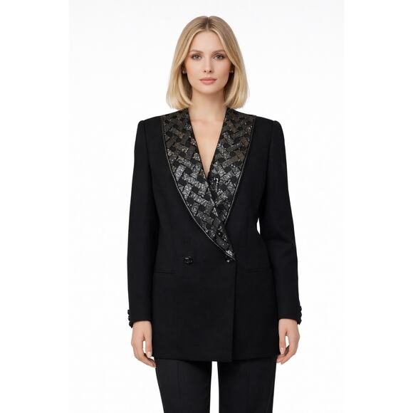 Vintage Jackets & Blazers - 1980s–90s Vintage John Meyer of Norwich Black Beaded Shawl Collar Blazer large